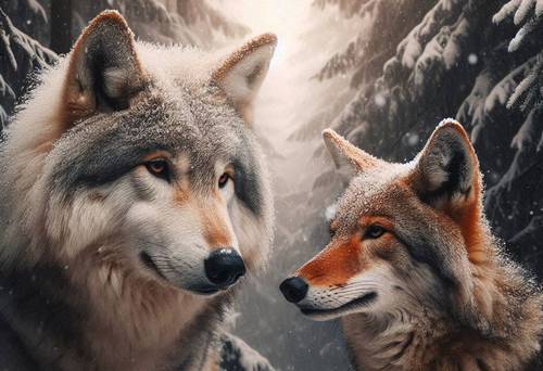 a magnificent wolf and coyote