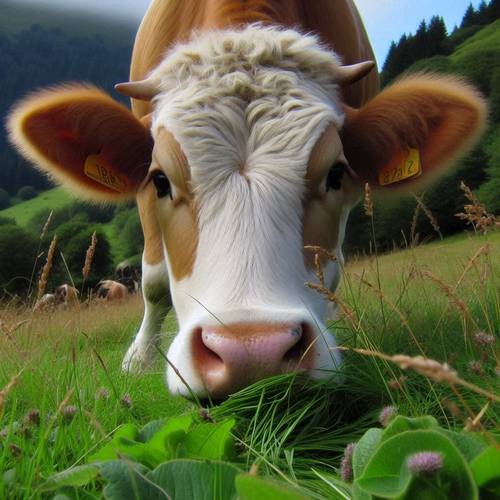 a cow eatting grass