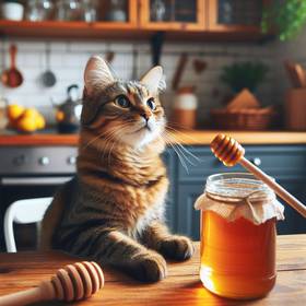 a cat eating honey