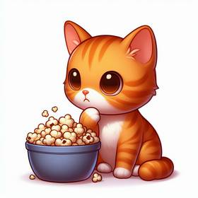 a cat eating pop corn