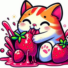 a cat eating strawberries