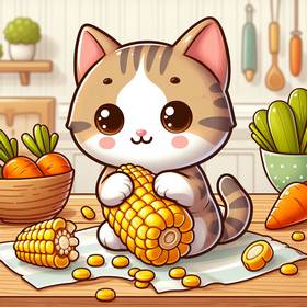a cat eating corn