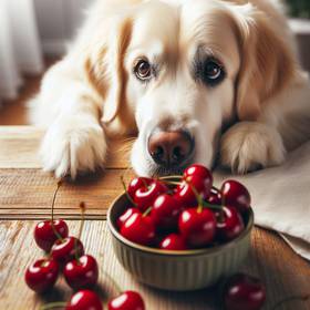 dog eating cherries